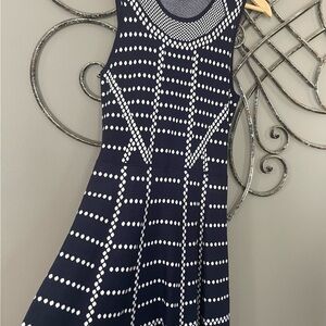 Neiman Marcus Navy and White Polka-Stripe Midi Dress
